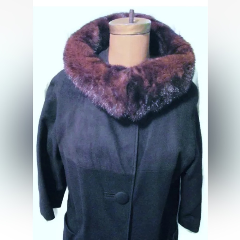VINTAGE Genuine Leather Mink Fur Collar Jacket Coat Opera Coat Jackie O Style